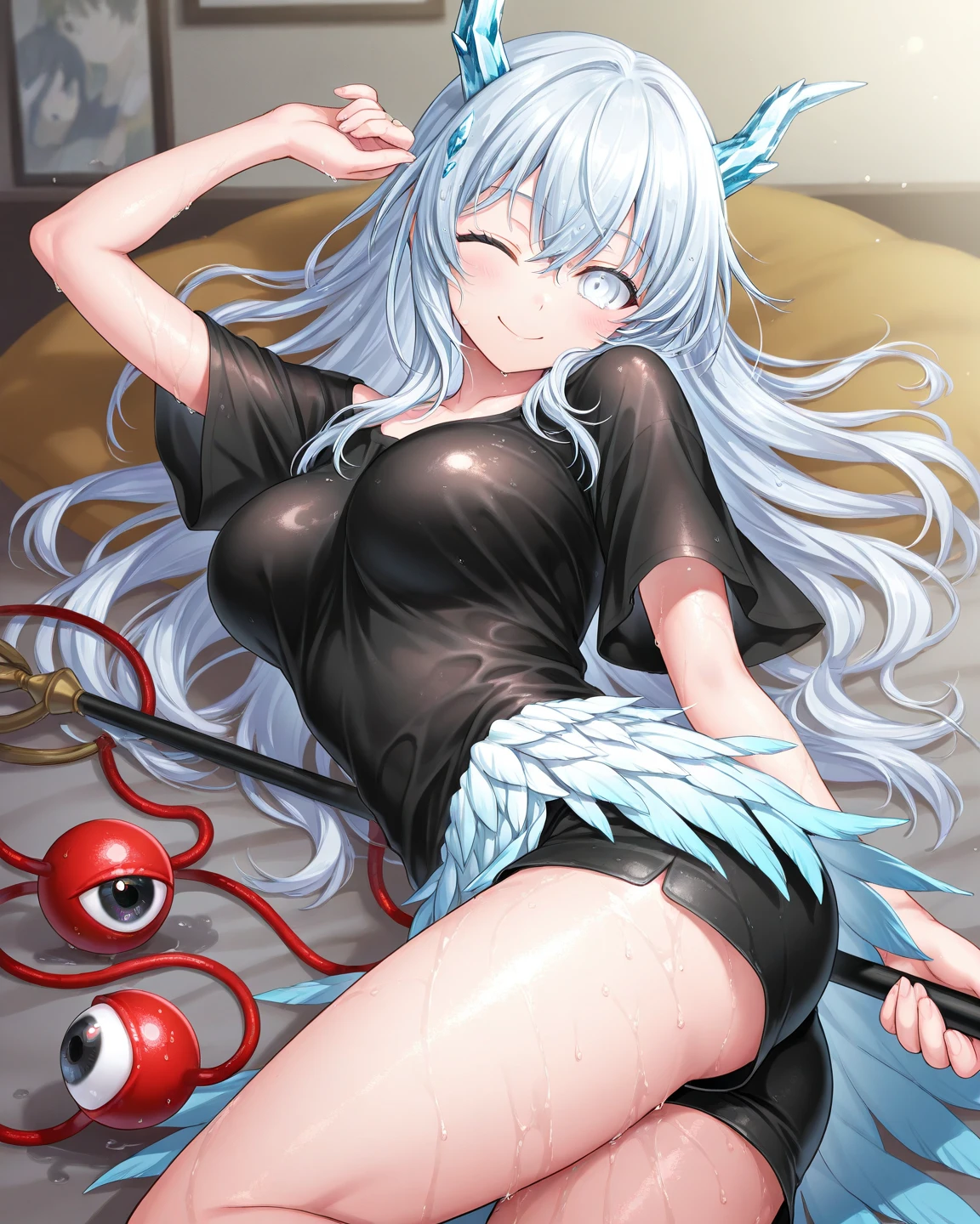 Black hair twin tails,White ribbon,Shaved,Stripes々a woman wearing socks, 2b, 2b ..., Obscene, 不気味A pose, Anime guy squatting, Pubic Pose, 淫らA pose, Obedient, Mr.々A pose, Neutral Pose, Suppressed, Clitoral piercings with metal balls,A drawing of a chain and a ball,Nipple piercings with chains,Fold your hands behind your body