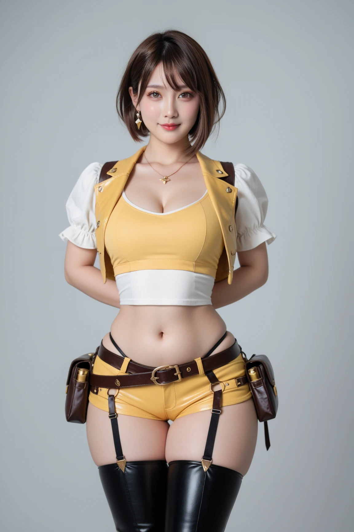 (Medium breast:1.4),Best quality,masterpiece,ultra high res,(photorealistic:1.4),1girl,(silk thigh highs:1.6),(short pants:1.5),(indoor:1.2),(sexy),(shirt:1.6),(crop top:1.4)