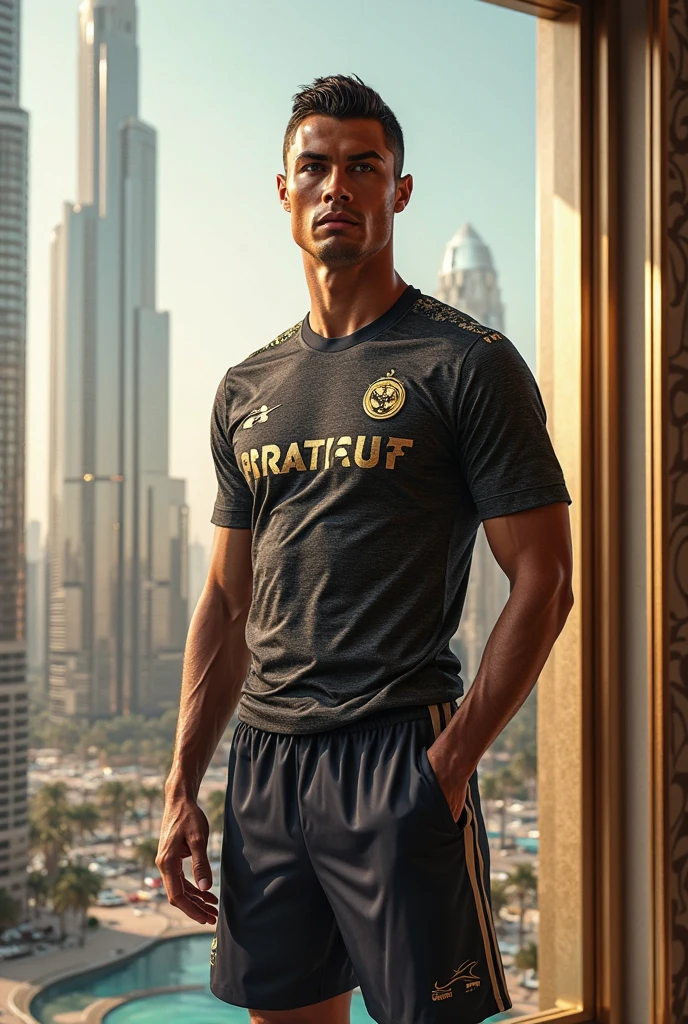 Generate a highly detailed and innovative image of Cristiano Ronaldo that is unlike anything ever created before.
Concept and Elements:
- Fusion: Combine elements of sports, futuristic technology, and fantasy to create a unique depiction of Cristiano Ronaldo.
- Main Subject: Cristiano Ronaldo should be portrayed in an unexpected and striking manner, blending traditional athletic elements with futuristic and fantastical features.
Details of Cristiano Ronaldo:
- Appearance: Cristiano Ronaldo should be in a dynamic and action-packed pose, perhaps mid-kick or celebrating a goal.
- Outfit: His traditional football uniform should be enhanced with futuristic elements such as glowing accents, advanced materials, and intricate patterns.
- Expression: A fierce and determined look, conveying his passion and drive.
Setting and Background:
- Scene: Place Cristiano Ronaldo in a surreal and fantastical stadium that merges elements of ancient architecture with futuristic designs.
- Elements: Include futuristic crowd, holographic displays, and cosmic phenomena like a galaxy sky or floating islands.
- Lighting: Use dynamic and dramatic lighting to enhance the powerful and mystical atmosphere, with contrasting shadows and vibrant highlights.
Visual Style:
- Innovation: Focus on creating a scene that feels fresh and groundbreaking, pushing the boundaries of traditional depictions of Cristiano Ronaldo.
- Realism: While maintaining a realistic rendering style, ensure the overall composition feels otherworldly and fantastical.
- Details: Pay close attention to the fine details, textures, and interplay of light and shadow to enhance the image's impact and uniqueness.