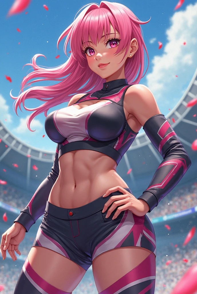 (masterpiece:1.4)、(top-quality:1.4)、
1girl in, Sports bra and magenta pink sports leggings、(Arm sleeve),length hair, looking at the viewers, 独奏 ,realisitic,(shinny skin),(masterpiece:1.4),(top-quality:1.4),red-lips