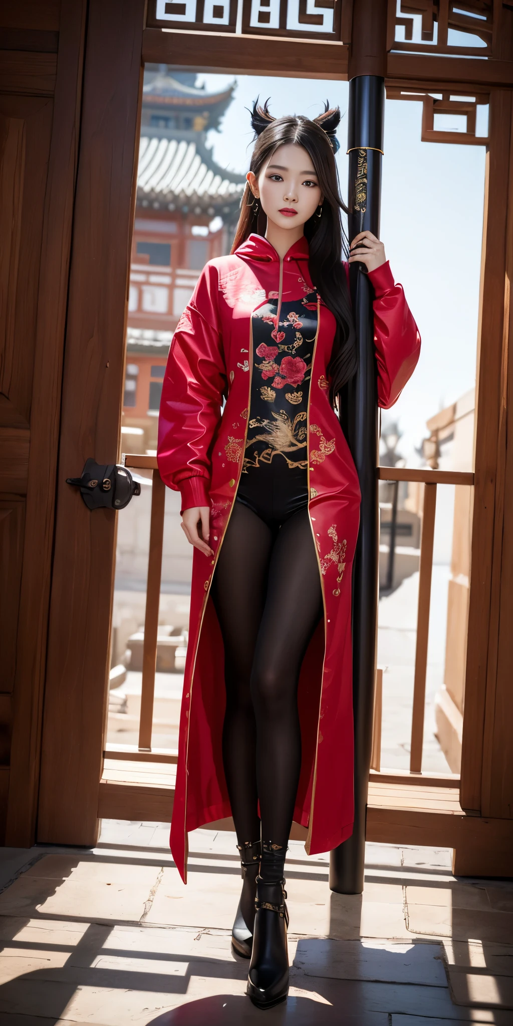 ((girl outdoor, luxurious outdoor city, luxurious place,), 
(((Full body shot))), (wide standing position), (looking at viewers, front view shots, wide angle view), (masterpiece, hyper_realistic, hyper_detailed, photorealists, photo_realism), 20 years old lady, 16k, FHD, UHD, high quality pictures, extremely detailed, candid brightness, candid shots, (iconic picture shot, perfect brightness, perfect contrast, perfect colour), (pretty face, iconic face), (detailed face, detailed eye, detailed lips, detailed neck, ultra realistic face, ultra realistic eye, ultra realistic lips), (attractive hair style, hair style), (sagging perky breasts, perfect rounded breasts, attractive breasts, perfect breasts shape), (attractive body figure, perfect body figure, perfect figure, curvy_figure, hourglass_figure), (embroidery High heels, fancy high heels, iconic heels),   
(((Masterpiece kurta, luxurious kurta, iconic kurta), fancy embroidery kurta), (embroidery red kurta),  red iconic kurta, ruffled kurta, flared kurta, fancy kurta, long skinny sleeves, fancy neck kurta, fancy leggings, black leggings). , ,