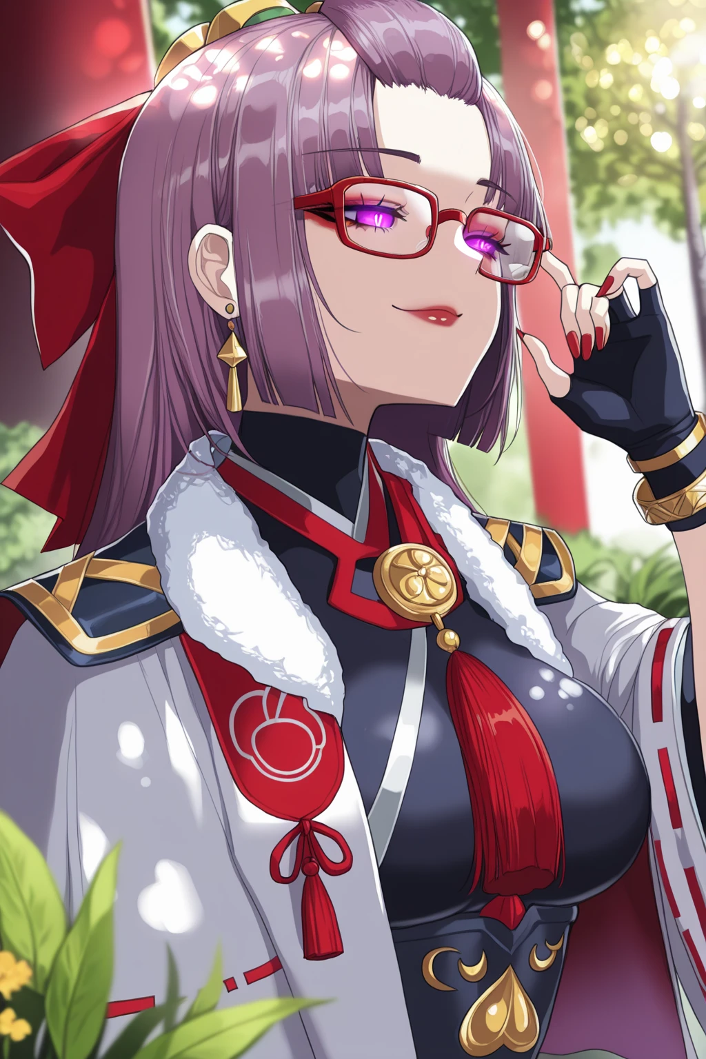 s1_dram, (puuzaki_puuna(punopupupu)-style), (hella_p-style:1.2), ((anatomical correct)), ((Cinematic, unreal engine, eye-catching, UHD, masterpiece)), ((perfect lighting)), perfect body, perfect eyes, perfect fingers, gasping, heavy breathing, gasping profusely, ((skindentation)), ((curvy)), SHIKOKU_(MATO_SEIHEI_NO_SLAVE), purple hair, purple eyes, slit pupils, long hair, hair bow, red bow, parted bangs, ribbon trim, half updo hair, bangs_pinned_back, straight hair, ((medium breasts)), plump, 1girl, solo, glasses, gloves, jewelry, scar, adjusting_eyewear, scar_on_face, earrings, upper_body, black_gloves, fingerless_gloves, closed_mouth, blurry, fur_trim, breasts, smile, bracelet, eyeshadow, makeup, red_nails, tassel, red-framed_eyewear, eyelashes, outdoors, blurry_background, flower, (dappled sunlight)), (glowing eyes:0.8), (Bokeh:0.8), shadow, plant, looking down,