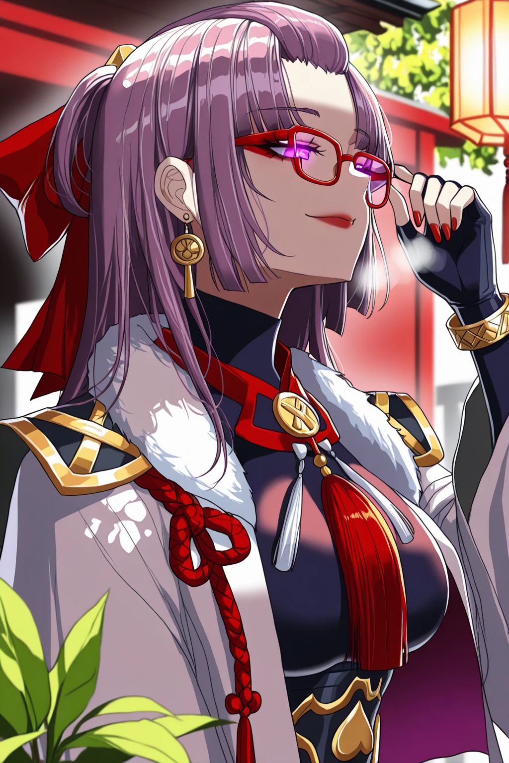 s1_dram, (puuzaki_puuna(punopupupu)-style), (hella_p-style:1.2), ((anatomical correct)), ((Cinematic, unreal engine, eye-catching, UHD, masterpiece)), ((perfect lighting)), perfect body, perfect eyes, perfect fingers, gasping, heavy breathing, gasping profusely, ((skindentation)), ((curvy)), SHIKOKU_(MATO_SEIHEI_NO_SLAVE), purple hair, purple eyes, slit pupils, long hair, hair bow, red bow, parted bangs, ribbon trim, half updo hair, bangs_pinned_back, straight hair, ((medium breasts)), plump, 1girl, solo, glasses, gloves, jewelry, scar, adjusting_eyewear, scar_on_face, earrings, upper_body, black_gloves, fingerless_gloves, closed_mouth, blurry, fur_trim, breasts, smile, bracelet, eyeshadow, makeup, red_nails, tassel, red-framed_eyewear, eyelashes, outdoors, blurry_background, flower, (dappled sunlight)), (glowing eyes:0.8), (Bokeh:0.8), shadow, plant, looking down,