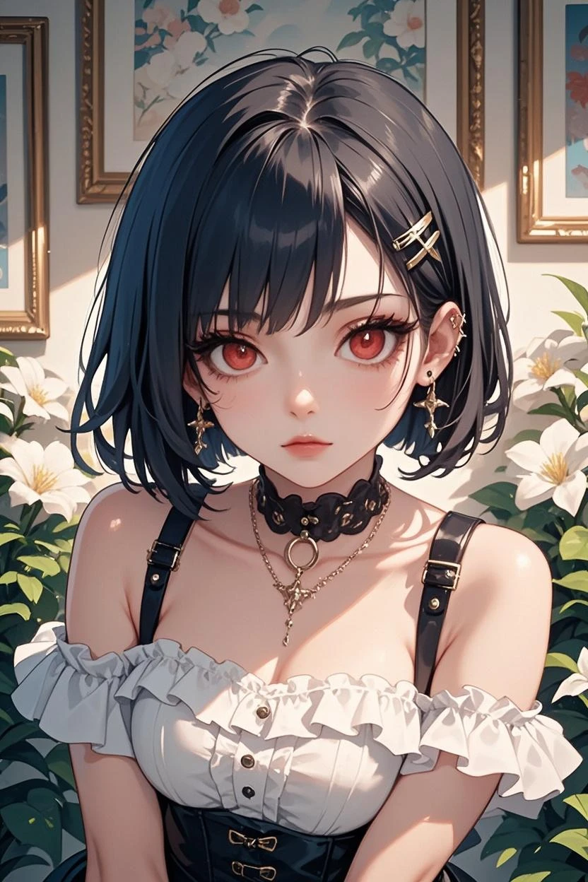 Amazing portrait of a sexy and cute girl with a short bob hairstyle and a seductive gaze who is blushing intensely with parted lips and is desperate and flustered and lustful wearing an off shoulder orange t shirt showcasing her bare shoulder while lying on bed
