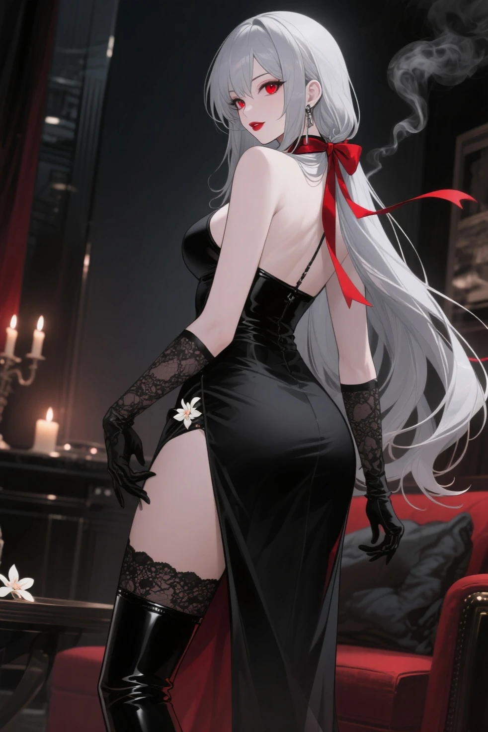 Purple Hair,Super long hair with volume,Adult female,China dress,(corset),(High heels),((Simple white background)),smile,((whole body)),((full body))