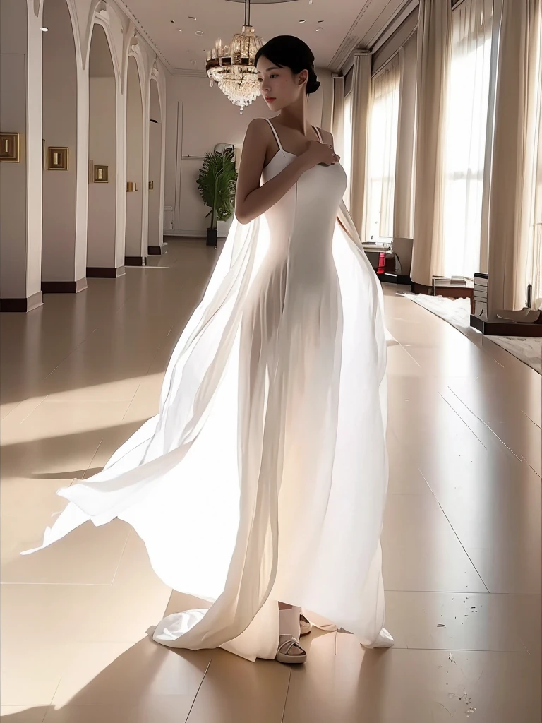 (masterpiece, best quality:1.2), 1girl, solo, delicate face, white-skinned female, see-through silhouette, white dress, full body, indoor

