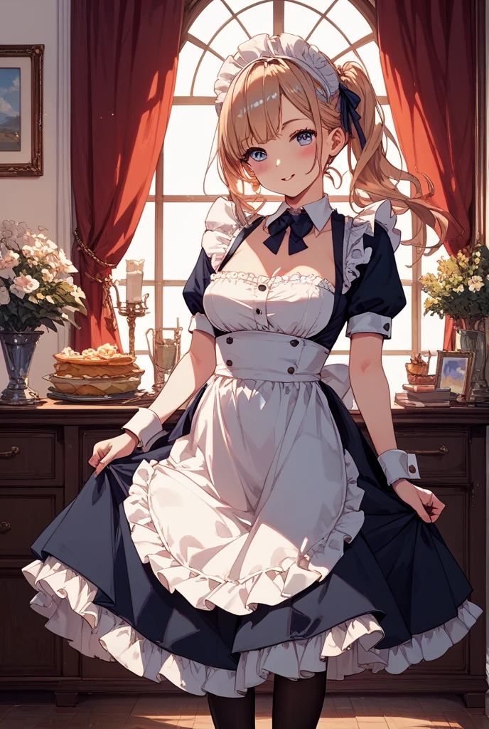 (best quality, masterpiece), (ultra high resolution, 8K RAW photo, photo realistics:1.5, cinematic lighting, textile shading, thin outline, clear focus:1.2), Beautuful Matured woman preparing tea_party in the garden, standing by the round table, (meisen's tea set, tea pot, tea cups, some cakes on dish), delicate and classy Roman style white table with gold accents and royal_blue, wearing light_brown maid uniform, breast cleavage, maid costume:1.2, long flare skirts, apron, bow ties on the chest, long tall sally, long legs, white hair, (wearing thin-flame glasses:1.2), (milf:1.5, 28 years old, solo), (large breast, sagging breast, big tits, narrow waist), (medium short white hair, hair over one eye, (updo hair:1.2), side lock, asymmetric hair, wavy hair), (bright pupils, fine detailed eyes with highlight, high detailed face, Perfect face shape, eye rush), (seductitve smiling, half-closing eyes:1.2), (looking at viewers:1.3), (dutch angle, full body, from below:1.2), ((correct anatomy:1.5, correct hands)), (ideal ratio of body proportions), (outdoor:1.2, grass field), 