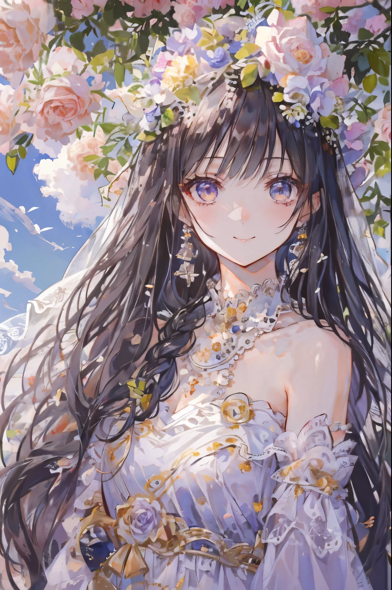 {{{{masterpiece}}}}, {{{Very Detailed}}}, {{{high resolution}}}, {{good anatomy}}, (((Highest Quality))), ((非常に繊細でbeautiful)), {{ very elaborate and delicate }}, {8k CG wallpaper}, {{Illustrations}},1women in hair、small face、(((slender figure、 Slim waist、small breasts)))、White Wedding Dress、Total lace、off shoulder、see through、Cowboy shot from below、flower corsage、English garden、Rose Garden、Ivy-covered chapel、 wide open skirt、happy smile、(Very Detailed顔と目、beautiful顔、Super Detailed Skin、fine skin:1.mall smile、Beautifully tied hair,braid、(beautiful, smooth dark hair:1.2)、blue sky、 White Clouds 、Rose Garden、composition looking up from below、with a veil on his head、Highlight wrinkles on clothes、happy smile