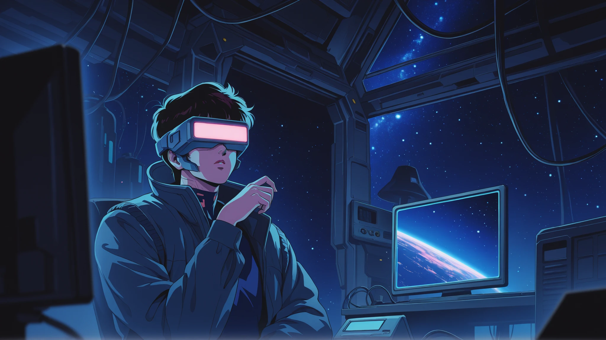 cyberpunk machine woman connected to 80s computers with wires using retro virtual reality machine in a lab with multiple computers with wires everywhere in space looking at his starry night, darkness machine
