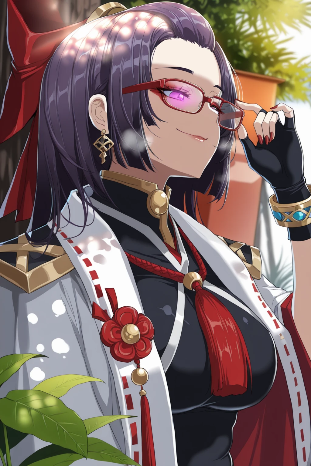 , (puuzaki_puuna(punopupupu)-style), (hella_p-style:1.2), ((anatomical correct)), ((Cinematic, unreal engine, eye-catching, UHD, masterpiece)), ((perfect lighting)), perfect body, perfect eyes, perfect fingers, gasping, heavy breathing, gasping profusely, ((skindentation)), ((curvy)), SHIKOKU_(MATO_SEIHEI_NO_SLAVE), purple hair, purple eyes, slit pupils, long hair, hair bow, red bow, parted bangs, ribbon trim, half updo hair, bangs_pinned_back, straight hair, ((medium breasts)), plump, 1girl, solo, glasses, gloves, jewelry, scar, adjusting_eyewear, scar_on_face, earrings, upper_body, black_gloves, fingerless_gloves, closed_mouth, blurry, fur_trim, breasts, smile, bracelet, eyeshadow, makeup, red_nails, tassel, red-framed_eyewear, eyelashes, outdoors, blurry_background, flower, (dappled sunlight)), (glowing eyes:0.8), (Bokeh:0.8), shadow, plant, looking down,