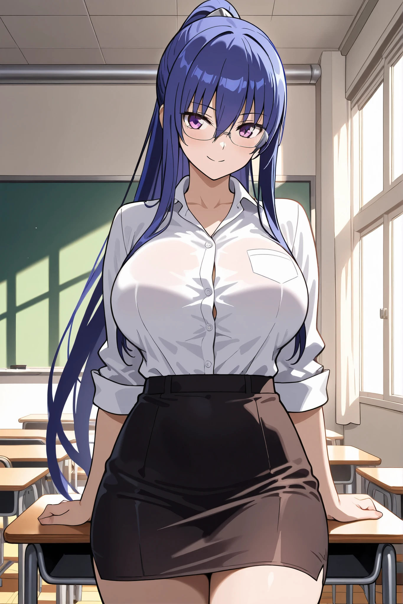 masterpiece, best quality, 1girl, natural color, natural light, detailed skin, detailed pupils, <lora:midnightMyHeroAcademia_v10:0.8>, midnightmha, boku no hero academia, purple hair, very long hair, (((blue eyes))),
dress shirt, cleavage, black pencil skirt, pantyhose, long sleeves, mature female, cowboy shot, smile, indoors, classroom,