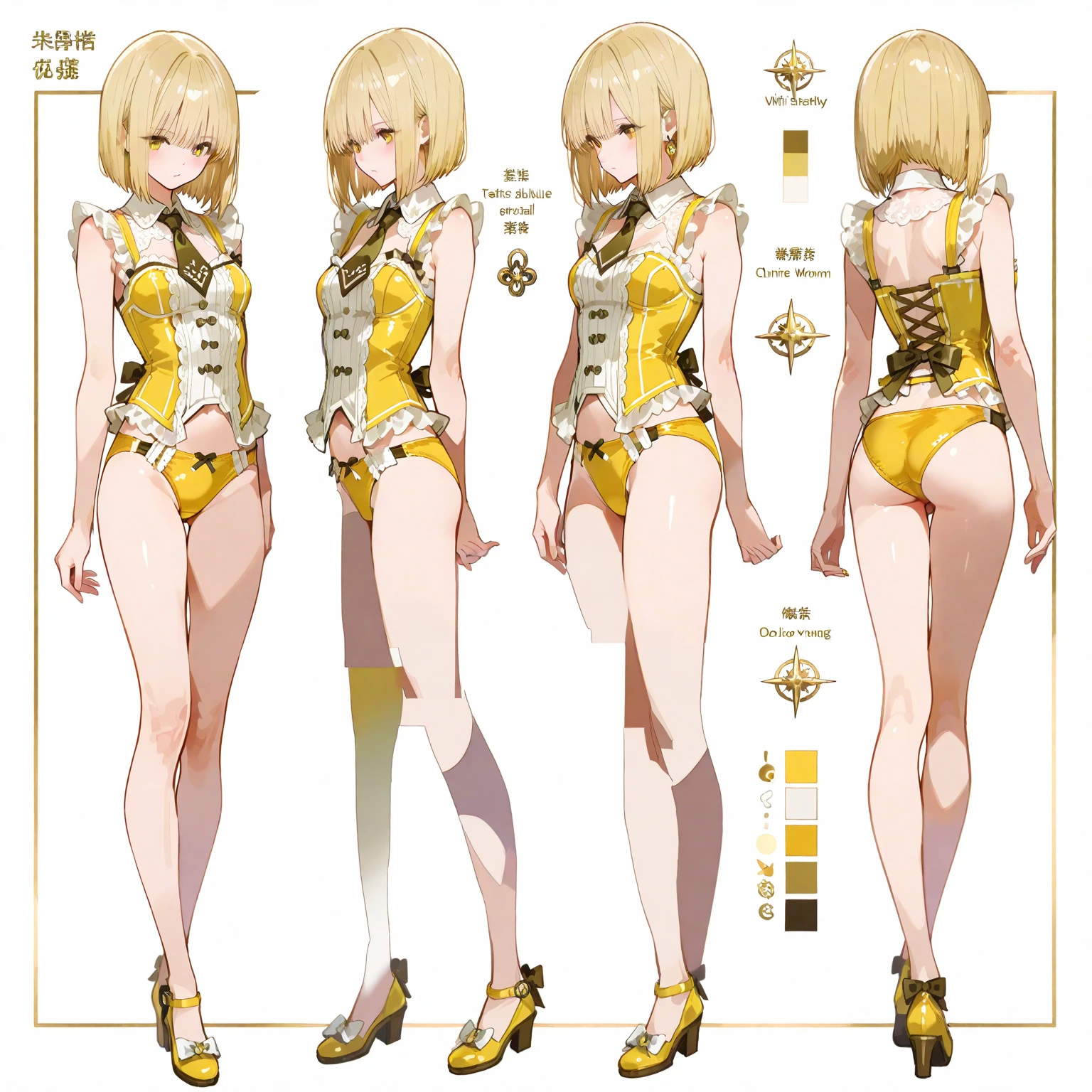 masterpiece, best quality, multiple views, 1girl, blonde hair, short hair, blush, yellow eyes,blonde hair, see full body, stand straight, (((Wave right hand))), ((((Flat chest)))), thin, small breasts, small butt, nude, multiple views Show less