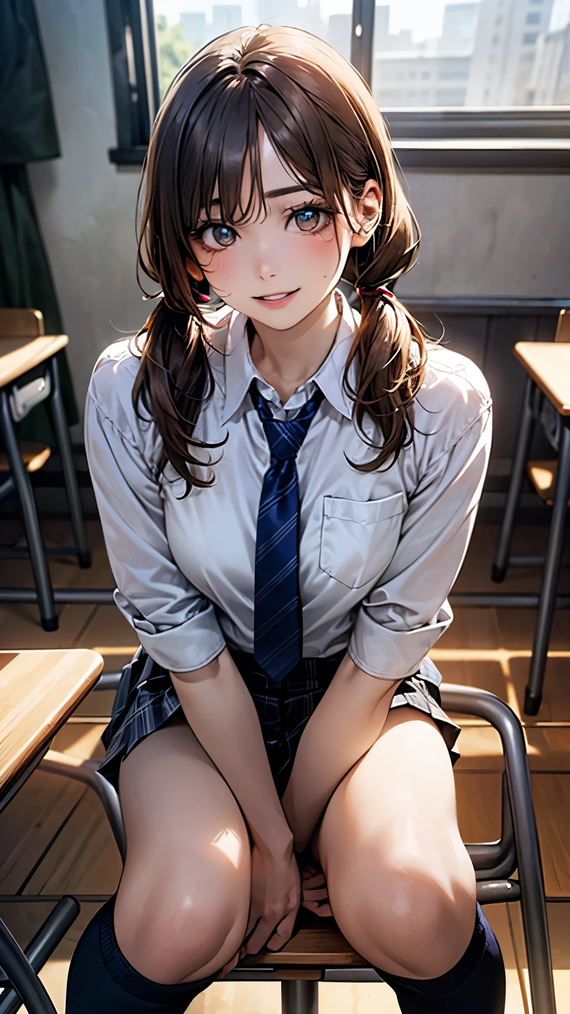 Twin-tailed, 1 Beautiful Girl, Beautiful face, (Slender body:1.2), Realistic, extremely detailed CG unified 8k wallpaper, ighly detailed, High-definition raw color photos, professional photograpy, Realistic portrait, Cinematic Light, Beautiful detailed, (Beautiful breasts:), (cleavage of the breast:1.2), (Uniform with wide open chest:1.5), (Mini skirt:1.3), (Very small white lace panties:1.5), (Squatting:1.1), cameltoe details, Indoors, School, (Best Quality:1.4), Super Detail, High quality,
