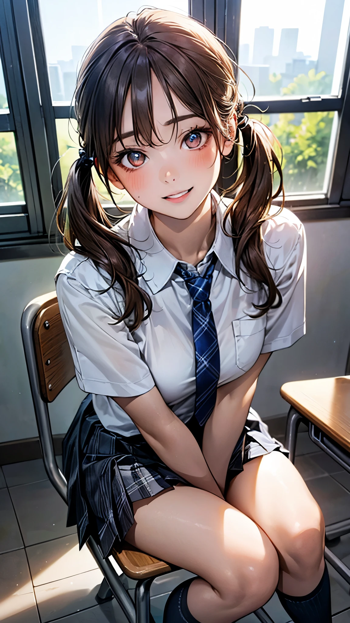 (masterpiece:1.2, top-quality), (realistic, photorealistic:1.4), beautiful illustration,
looking at viewer, full body, front view:0.6,
1 girl, japanese, high school girl, (long hair:1.5, wavy hair), brown hair, (half up, half updo), double bun, bangs, hair between eye, red eyes, small breasts, long eyelashes,
beautiful hair, beautiful face, beautiful detailed eyes, beautiful clavicle, beautiful body, beautiful breasts, beautiful thighs, beautiful fingers, slim waist, very wide hips, thick thighs,
(beautiful scenery), sun rays at sunset,, classroom, desk, sitting desk,
((collared short sleeve shirt, white shirt, school uniform, dark blue red plaid pleated mini skirt, dark blue red plaid bow tie)), white panties, earrings,
smiling, pleased face, open legs, panty view, back arched,