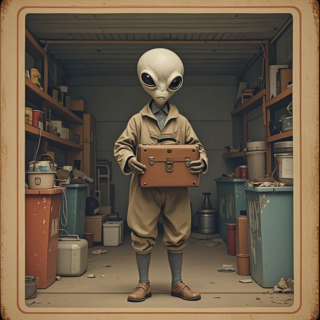 ((silver 1940s alien disc in garbage pail ??? style, galxy in the background)), , 3d cartoon, high quality, detailed,