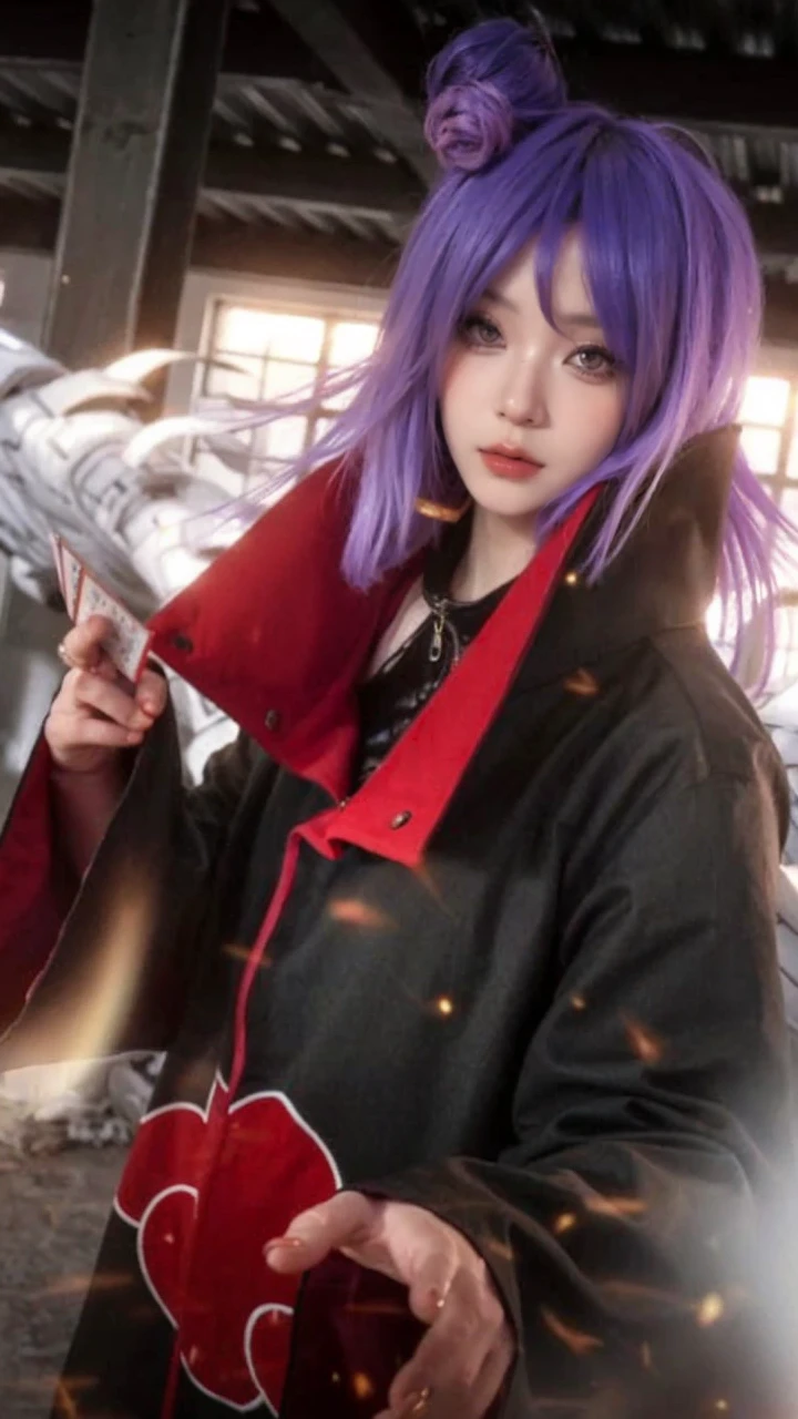 an anime female character wearing a HOODIE, and a cool joker mask, black robe, is sitting. above the city tower while holding a WEAPON, with realistic lighting effects, as well as effects, flying fireflies adding a realistic feel, with photo results, HDR, 8k, anime,