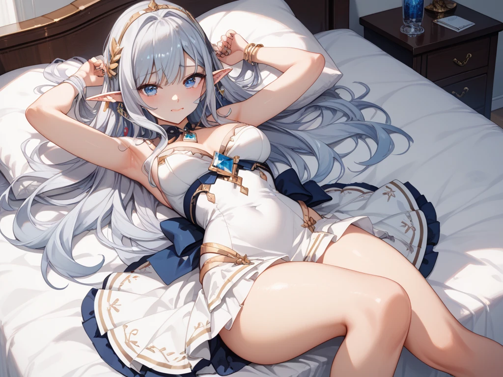 ((highest quality)), ((masterpiece)), (get used to it), perfect face , beautiful girl , Beautiful long silver hair , beautiful light blue eyes , In underwear , Roses scattered , lie on the bed ,