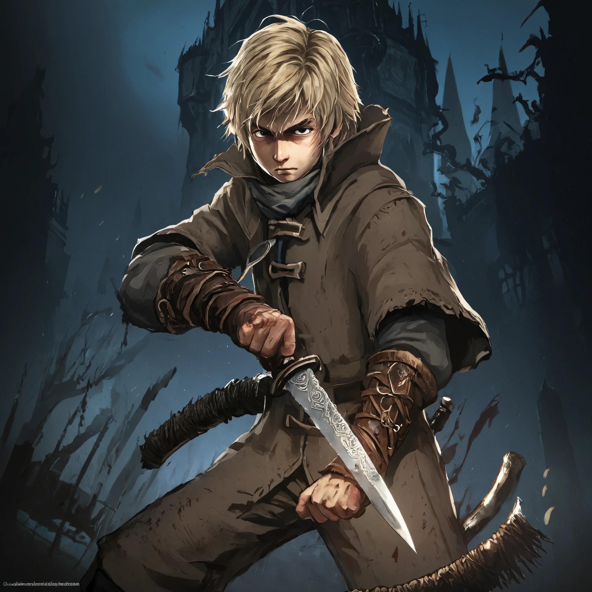 Bloodborne score_9, score_8_up, score_7_up, source_anime, anime illustration, masterpiece, best quality, lots of details, detailed lighting, detailed shading, BREAK
1boy, solo, 18 years old, adult, thorfinnvinland, blonde hair, hair between eyes, brown eyes, holding knife