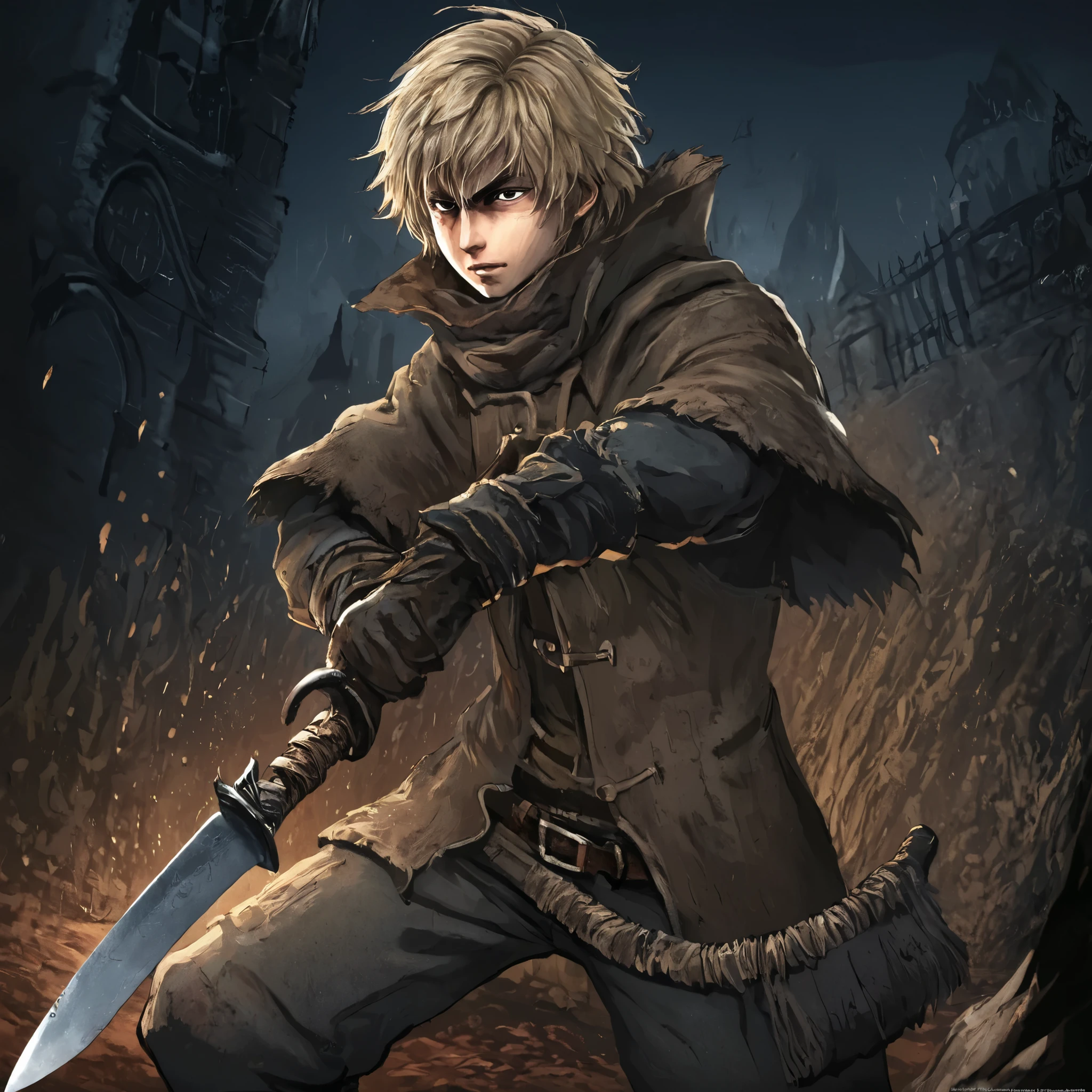 Bloodborne score_9, score_8_up, score_7_up, source_anime, anime illustration, masterpiece, best quality, lots of details, detailed lighting, detailed shading, BREAK
1boy, solo, 18 years old, adult, thorfinnvinland, blonde hair, hair between eyes, brown eyes, holding knife