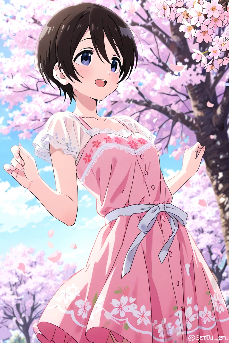 (masterpiece),matsuo chizuru, short hair, black hair, black eyes, 1girl, earrings, jewelry, solo, cherry blossoms, hair ornament, petals, smile, frills, open mouth