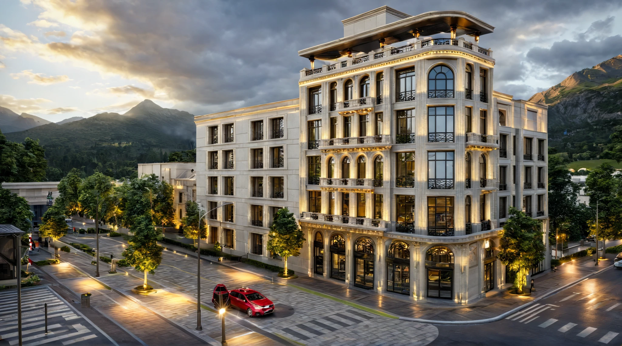 ((Neo Classic)), building,masterpiece , best quality, RAW photo, subject, high quality,dramatic lighting, outdoors, sky, sunset, cloud, tree, ground vehicle, building, scenery, road, lamppost, real world location,, door,entrance, beam,column, window, traffic light, lots of trees, sunlight, public blocks,daytime, mountains, public squares, lively city streets, enough detail, high resolution, 8k, HD, super realistic, Photorealistic, highly detailed,