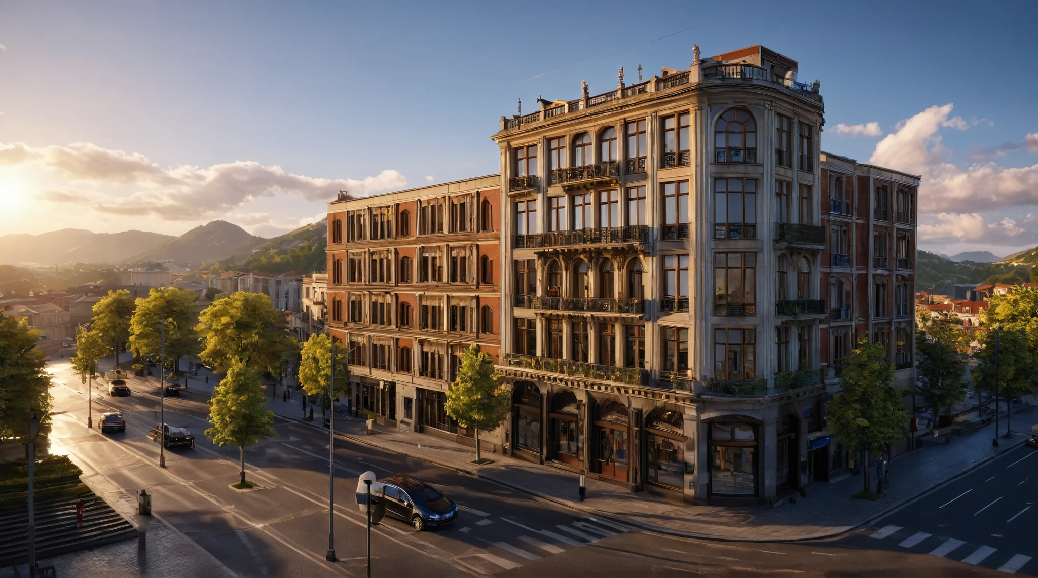 ((Neo Classic)), building,masterpiece , best quality, RAW photo, subject, high quality,dramatic lighting, outdoors, sky, sunset, cloud, tree, ground vehicle, building, scenery, road, lamppost, real world location,, door,entrance, beam,column, window, traffic light, lots of trees, sunlight, public blocks,daytime, mountains, public squares, lively city streets, enough detail, high resolution, 8k, HD, super realistic, Photorealistic, highly detailed,