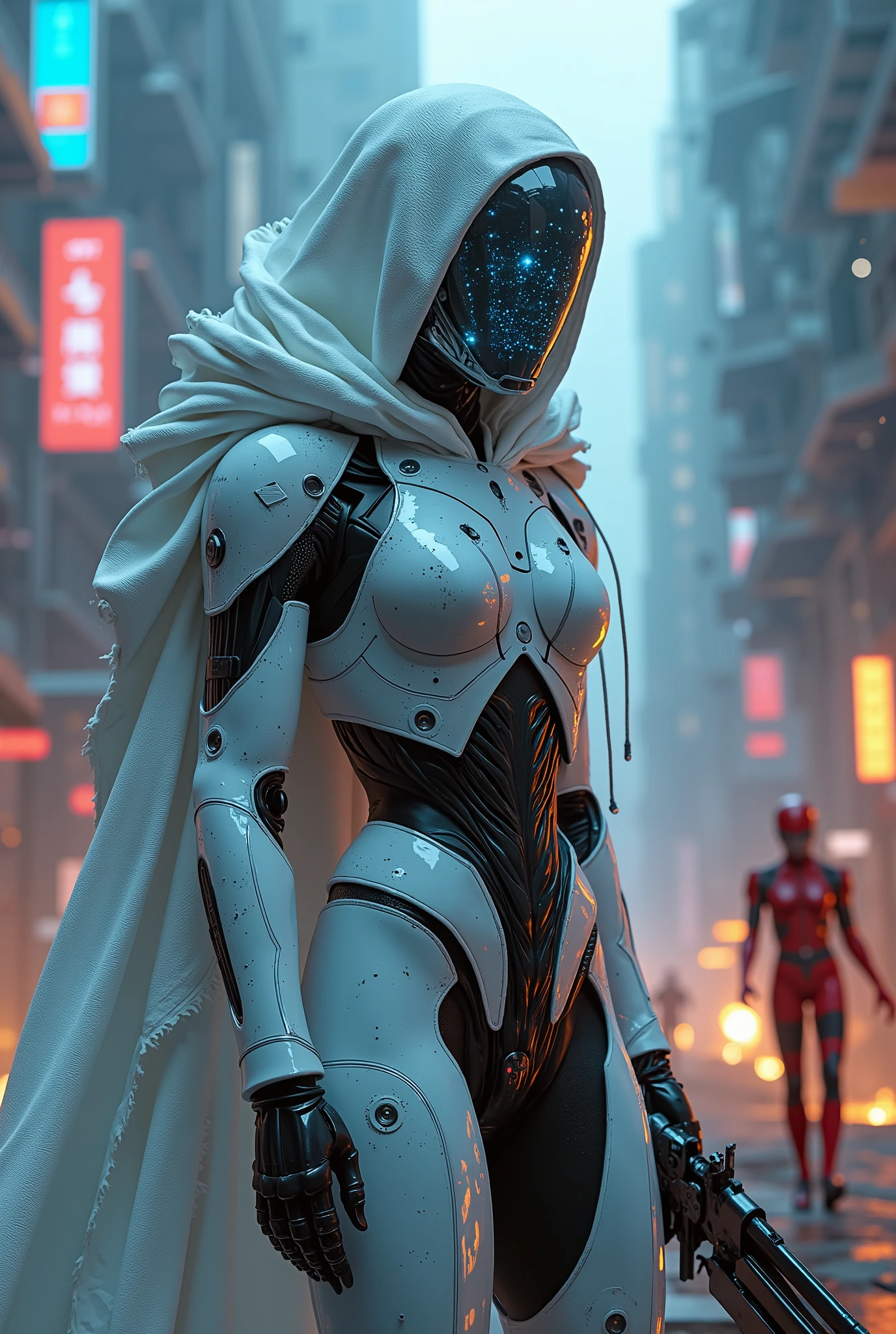 cybernetic cyberpunk warrior woman, a vision of cold, lethal grace. She stands defiant in a futuristic Coliseum, a backdrop of shattered metal and the eerie glow of neon signs.
* Her appearance: A sleek, white, almost angelic mechanical body armor shimmers with an eerie blue light, hinting at the intricate neon wiring beneath. A torn and tattered white shroud, frayed at the edges, clings to her form, a stark contrast to the pristine machinery. Her face, obscured by a shimmering blue holographic face shield helmet, remains an enigma.
* Her weapon: An oversized, cybernetic battle scythe, dripping with an oily black fluid, rests casually over her shoulder, a testament to her power.
* Her surroundings: The arena is a chaotic spectacle. Defeated red box-head robots, their metallic limbs twisted and contorted, litter the ground. Some crawl away, their optics flickering weakly. Flying embers and sparks illuminate the scene, casting long, dramatic shadows. The air crackles with the energy of a hard-won victory."**
This version adds:
* Sensory details: "Shimmering," "oily black fluid," "crackles with energy" enhance the visual and tactile experience.
* Emotional depth: "Defiant," "enigma," "hard-won victory" add layers of meaning and suggest a deeper narrative.
* Cinematic framing: "Backpack of shattered metal," "long, dramatic shadows" evoke a sense of scale and atmosphere.
* Elevated language: "Vision of cold, lethal grace," "testament to her power" create a more sophisticated tone.
