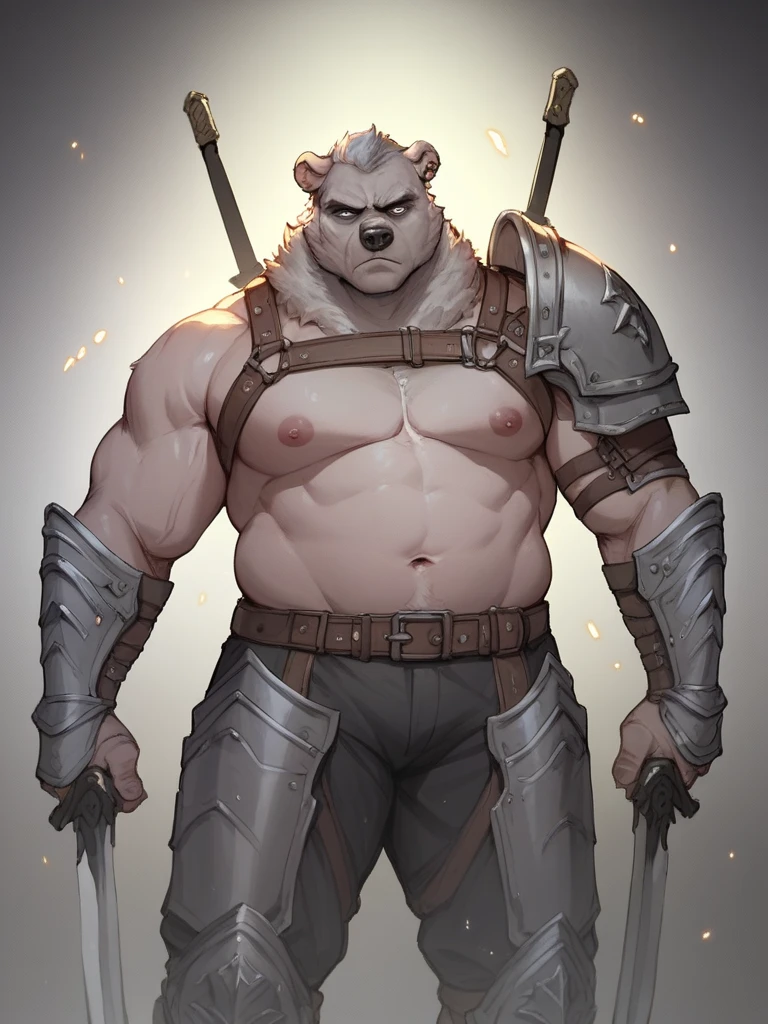 (Surreal), (illustration), (high resolution), (8k), (Best illustration), Beautiful and detailed eyes, (best quality), (masterpiece), wallpaper, painting,Facial detail, Facial pores,Uma personagem, detail,Realistic lighting,2D painting,furry brown bear,muscle,Brown Bear,charm,Sexy body,Sexy muscle belly,from head to foot,Full body image,confidence,Naked upper body,Medieval Shoulder Armor,Sexy pose,Dynamic poses,Cute face,Soft expression,Smile,Look at the photographer,Look at the audience,