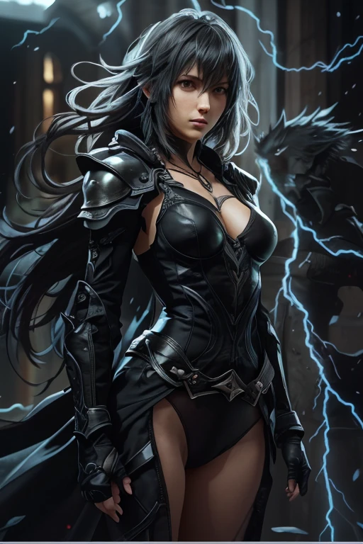 MILF, evil beautiful and muscular Nordic female storm giant with blue black hair in a ponytail, older and mature looking , throwing a lightning bolt, glowing tattoos, wearing steel runic plate mail Armour , temple cave background with lightning storm, glowing blue eyes
