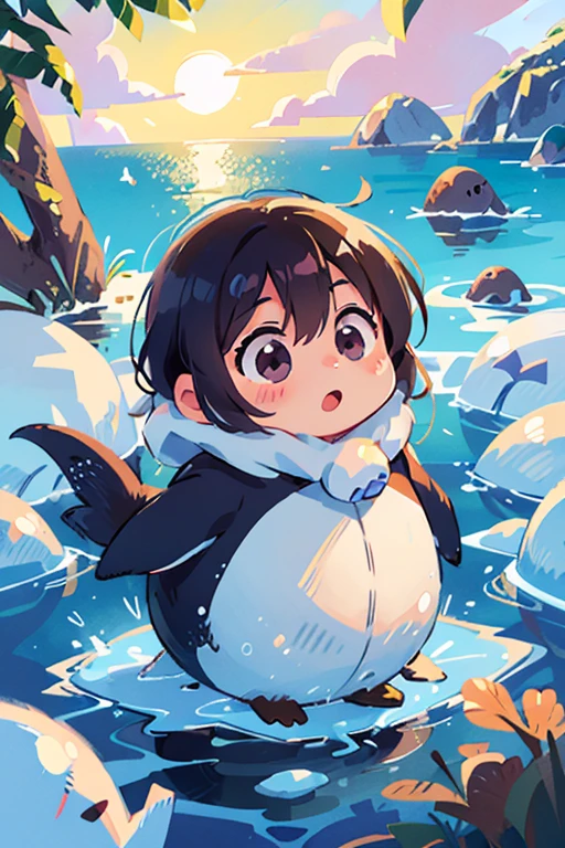 Dog in a cute shark costume、kawaii、enticing,a smile、Anime Art、Mascot Character、icons、Bernese Mountain Dog、personification、Human Boy、shoun、White background