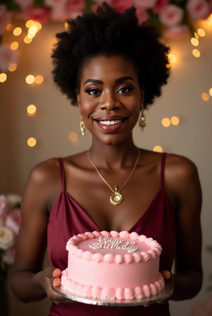A beautiful mature black woman celebrating her birthday on August 18th next to a poster that reads RAÏSSA with a cake