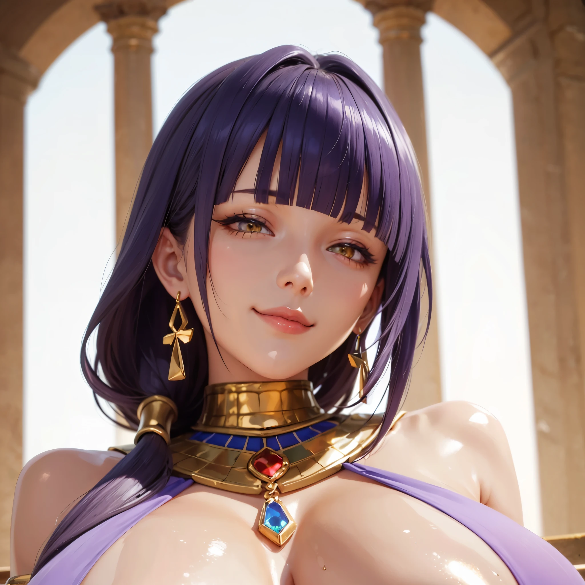 Déesse Egyptienne, Bastet, Toge Blanc, Jewel Dorée, oreilles de chat, Dark and Purple hair, braided hair, belle poitrine,clivage, Avatar de seconde vie, Nice screenshot, Femme seduisante vue complète du corps, High quality, very detailed skin,