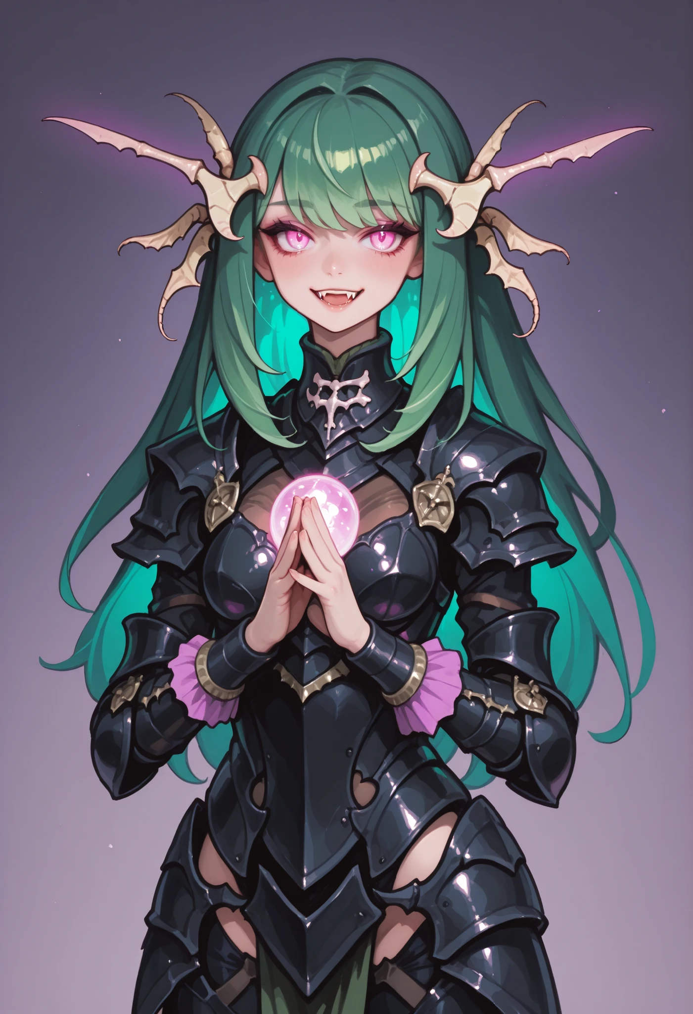 Armored succubus. Green hair. Long hair. Glowing orb hair accessory. Praying mantis design elements. Bone-like armor. Biological armor. Black armor. Weaponized arms. Sandworms growing from her body. Multiple sandworms. Sandworm fangs.