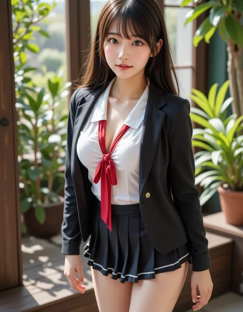 4K, Best Quality, 1 girl, 18 years old, Brown hair, waist length, 3/4 bangs, red tie, brown coat, pleated skirt with lever check, girl, campus, black calf socks, leather shoes, school, open white shirt, perfect slim figure, cleavage, boob emphasis, open cleavage, ((huge breasts: 1.4)), lewd, erotic