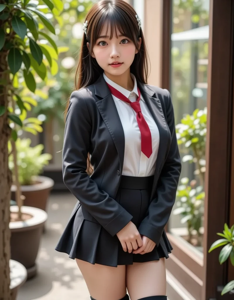(Raw foto:1.2, Photorealcitic:1.4), Beautiful detailed girl, very delicate black eye, Japanese Female, Ridiculous, Unbelievably ridiculous.,18 years-old ,fashionable , (Hight Resolution, Very detailed, Best Quality, masutepiece), Healthy body, ((Japanese girls' high school uniform)),springtime , bruises,(perfect anatomia,Beautiful limbs), read.silence,idol , amazing, tits huge:1.4, masutepiece, Best Quality,Gravure photo , light on the face, Cinematic lighting, 1girll,Professional Photography, ((artistic)), ((Dynamic Pose))), (Pantyhose), (Sitting with legs bent at the knees))
