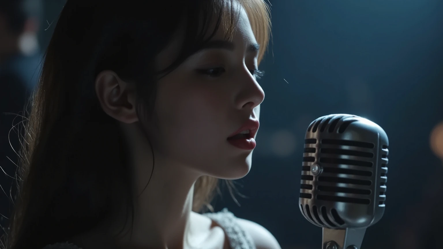 A slightly zoomed-out portrait of a beautiful woman with Barbie-like features, positioned on the right side of the frame, singing into a white and silver microphone. She has a slightly emotional and heartfelt expression, with soft makeup and flowing hair, exuding elegance and doll-like beauty. The atmosphere is deeply melancholic, dark, and moody, with soft cinematic lighting highlighting her from the side. The microphone is visible and gracefully positioned near her lips. The background is blurred, dim, and filled with an emotional depth, creating a truly melancholic and dramatic vibe — perfect for a YouTube music album cover.