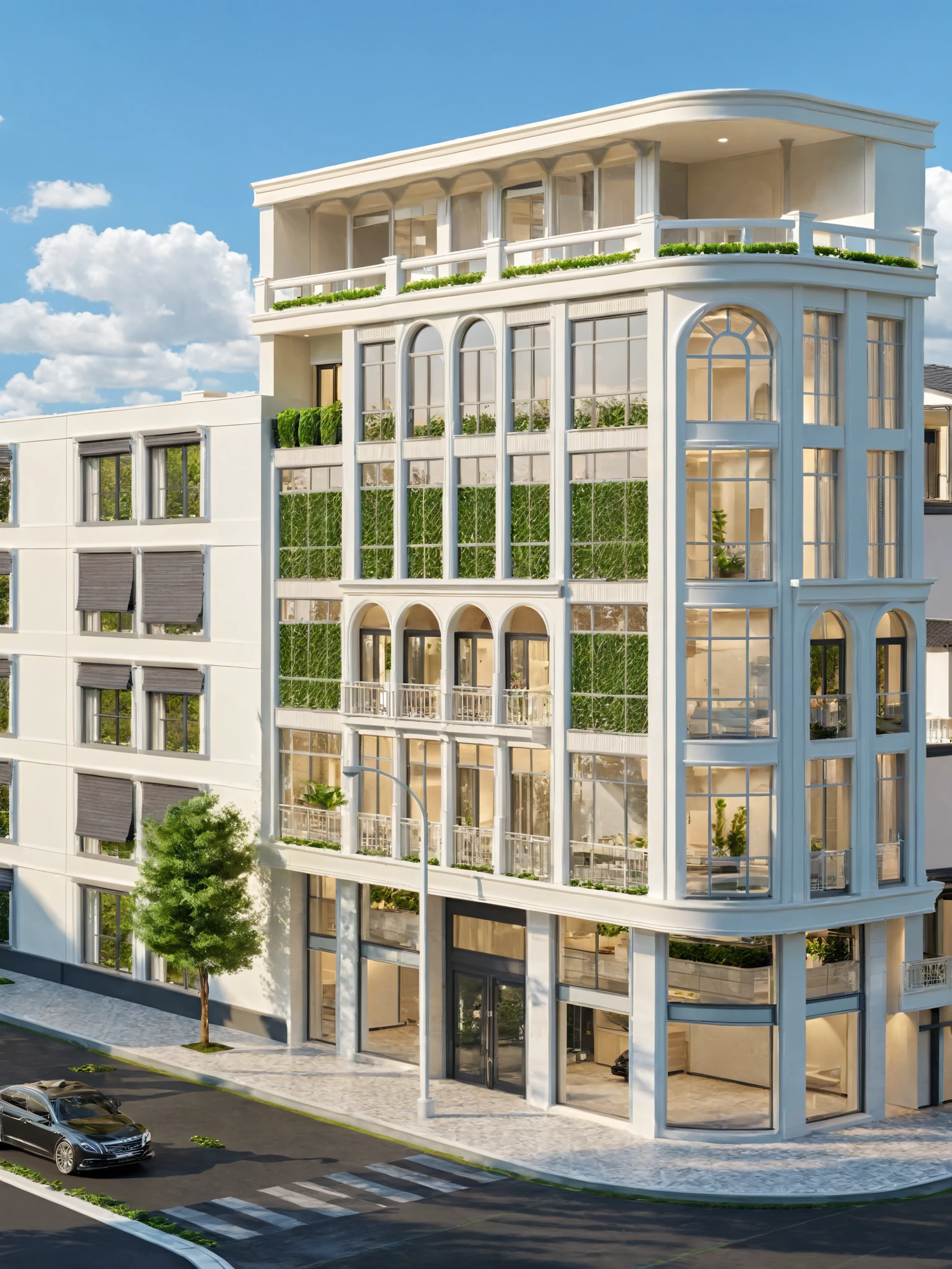 Architectural style Architectural style, ((Classic Style House)),(masterpiece) , ((best quality)), dramatic lighting, high quality outdoors, sky, day, cloud, tree, blue sky, building, scenery, road, real world location, sunlight, enough detail, high resolution,super realistic, Photorealistic, highly detailed, balcony, plants, door, car, truck, parking slot, paving, . Clean lines, architectural drawing, highly detailed , . Clean lines, geometric shapes, minimalist, modern, architectural drawing, highly detailed