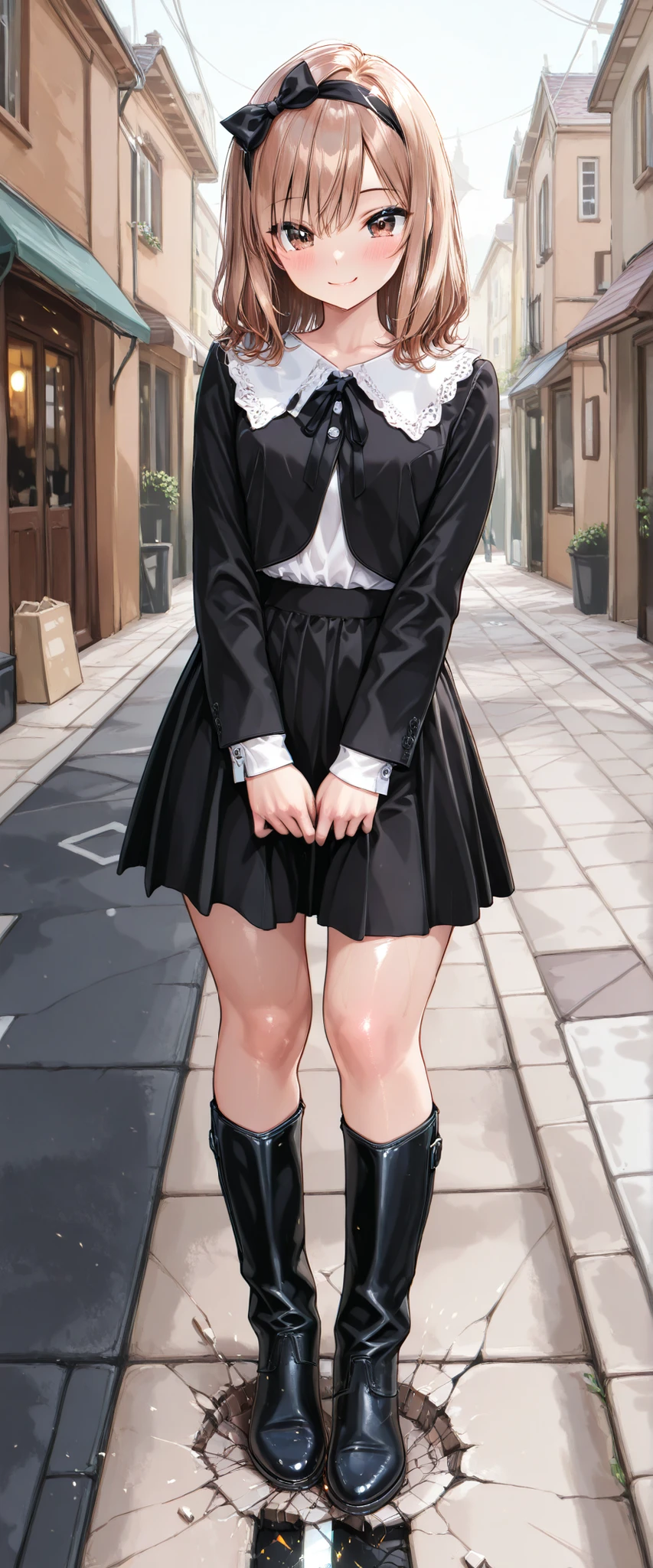 ultra high resolution, 8K,(masterpiece), best quality, ultra fine illustration, extremely detailed CG 8k unity wallpaper, human figure corrected anatomically, BREAK, young female, waved medium hair, glistening light brown color hair, tsurime,(slightly plump body shape :0.4),(slightly thick legs :0.4), glistening shiny skin, BREAK, hyper beautiful detailed face and eyes, hyper beautiful detailed skin, perfect hands and fingers, BREAK, small smile, small blush, looking at viewer, BREAK, black color ribbon hair bow, front opened brown color tailor collard jacket, white color blouse, dark gray color medium skirt, black color leather riding knee boots, BREAK, outdoor, town, sidewalk, BREAK,(full body in frame of graphic),((visible top of head to toes)), BREAK, solo, standing, natural posing full body portrait, perfect lighting,