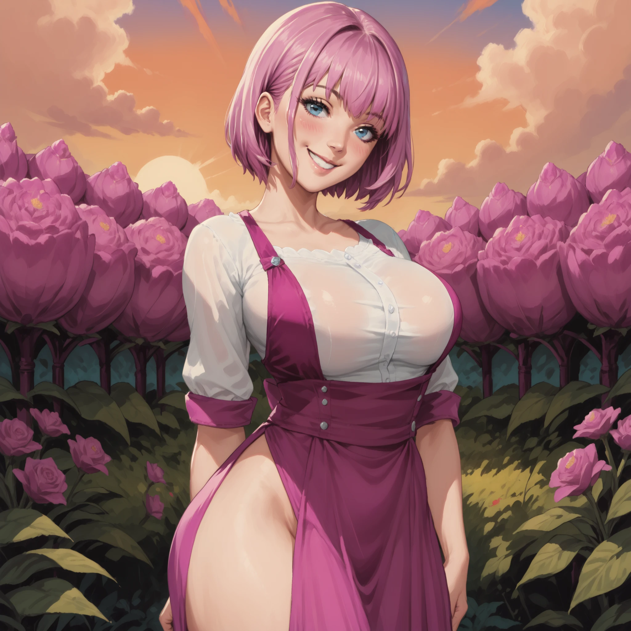 single woman, long pink hair, large breasted, naked, kneeling down on bed, seducing smile, blushful, (standing alone), naked legs, breasts big, flower in hair, fleshy lips, blue colored eyes