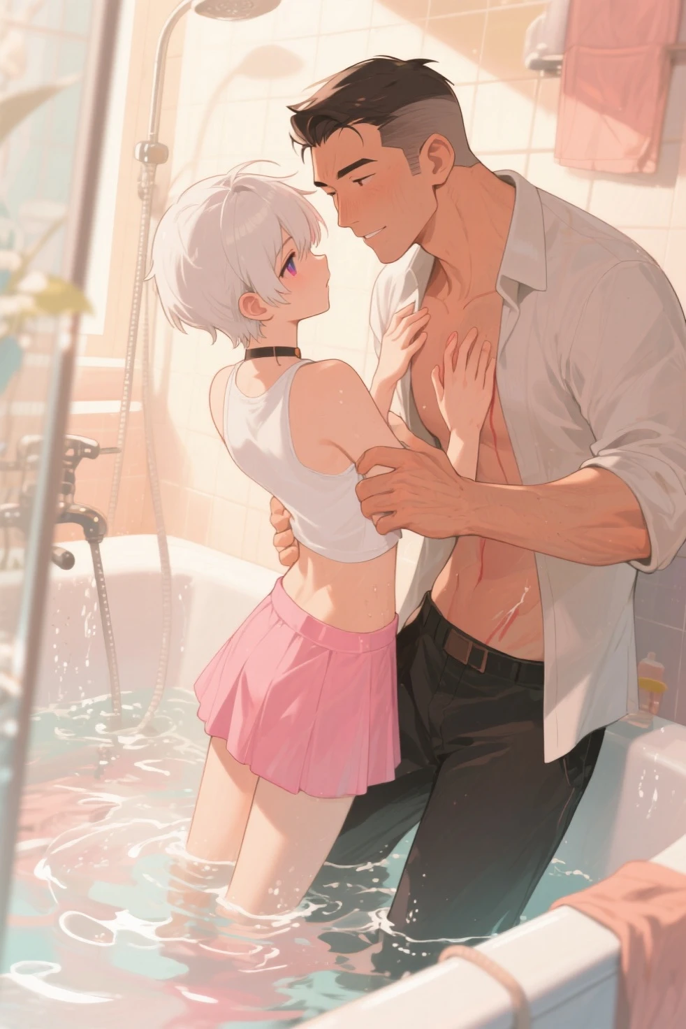 (8K, RAW photo, top quality, masterpiece: 1.2), very delicate, Ultra-high resolution, (realistic: 1.37), figures, high-quality RAW color photos, professional photography, very delicate and beautiful, 8K Picture Wallpaper, amazingly delicate, huge file size, official art, Highly Detailed CG Unity 8K Wallpaper, very delicate beautiful girl, very delicate face, very delicate eyes, very delicate skin, very detailed fingers, very detailed nose, very detailed mouth, perfect anatomy, intricate background, detailed clothing, ((1 person: girl and strong man: 1 person)), (20's: 1.2), 20's, cute girl, realistic body shape, white skin, sparkly skin, slim body, black hair, (short hair), (well-groomed bangs: 1.3), cute face, vivid faces, delicate eyes, implicit sequence, ((bathroom)), ((no bra)), ((In the shower)), ((Elastic D cup)), ((Exposing female breasts)), ((A man hugs a woman from behind and grabs her breasts)), ((Black panties)), ((Standing posture)), ((A man hugging a woman from behind)), ((completely nude male)), ((man grabbing woman's breasts)), ((A man presses his genitals against a woman's buttocks from behind)), ((man with white hair: 1 person)), ((Distinguish between male and female arms)), ((woman's arm around man's neck)), ((Full body shot with legs apart)), ((woman turns and kisses man)), ((holding man and woman)), ((sexy pose)), nipple rings, necklace, cowboy shot, ((profile)), Contrapposto, dynamic lighting, ((Elastic E cup)), ((big bust)), ((cleavage of breasts)), ((Small and beautiful pink areolas,,,,,,,,,)), ((searching again)), ((A look that endures pain))