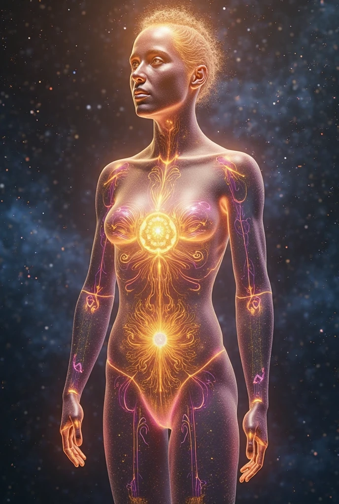 Visualize an ethereal male figure, with a majestic and serene bearing, emanating a soft, golden light. Its height is indeterminable, appearing at the same time immense and close. The skin is a pale golden tone, almost translucent, radiating a heavenly calm. your eyes are like stars, infinitely deep and bright, changing color with a spectrum ranging from blue to violet. The hair is long and flows around the head, shining like strands of pure light. His clothes are shining white, decorated with ancient symbols that seem alive, pulsating with a mystical energy. quando fala, your voice is melodious and resonant, capable of transmitting peace and authority at the same time. Around her, there is an aura of power and tranquility, causing anyone who approaches to feel a deep sense of awe and comfort. In short, a god!