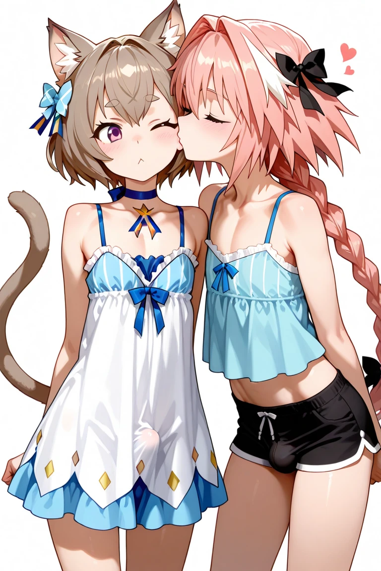 NSFW、(((flat chest)))、(((Upper body naked)))、maid clothes、Lori、Cat's ears、a blond、twinsies、(Full body like)、hightquality、Top image quality、Little devil smile、twogirls、Twin-tailed、side poneyTail