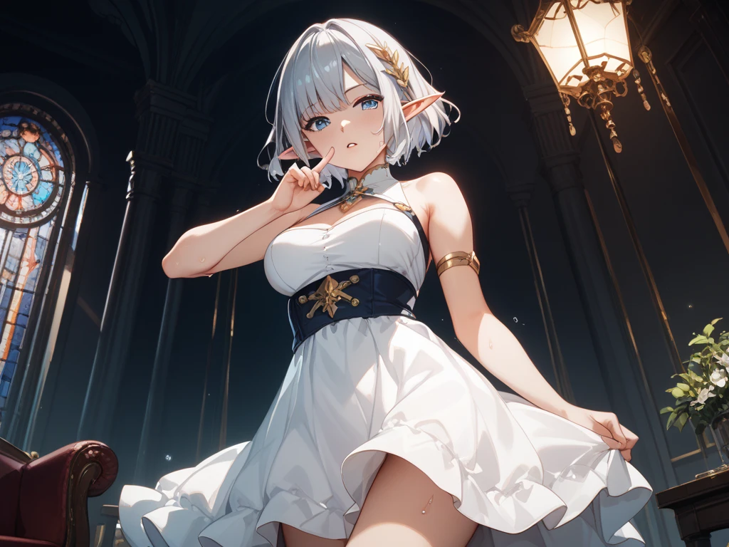 One beautiful girl, smile, Expose, Light clothing, Short gray hair ,Volumetric Fog, Outdoor, Backlight, Small breasts, Elf, Thin clothing with a large opening at the chest, Different world, Armpit