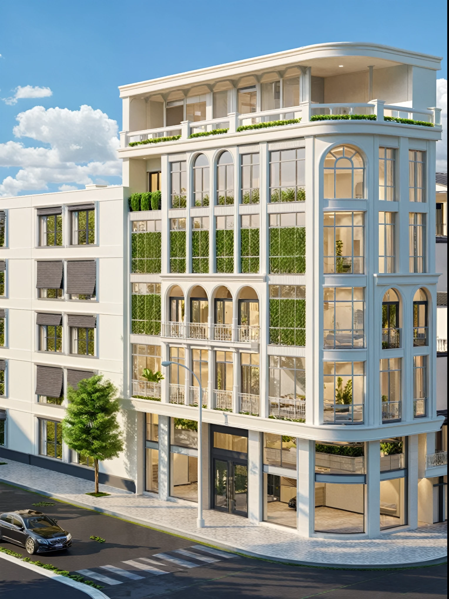 Architectural style Architectural style, ((Classic Style House)),(masterpiece) , ((best quality)), dramatic lighting, high quality outdoors, sky, day, cloud, tree, blue sky, building, scenery, road, real world location, sunlight, enough detail, high resolution,super realistic, Photorealistic, highly detailed, balcony, plants, door, car, truck, parking slot, paving, . Clean lines, architectural drawing, highly detailed , . Clean lines, geometric shapes, minimalist, modern, architectural drawing, highly detailed