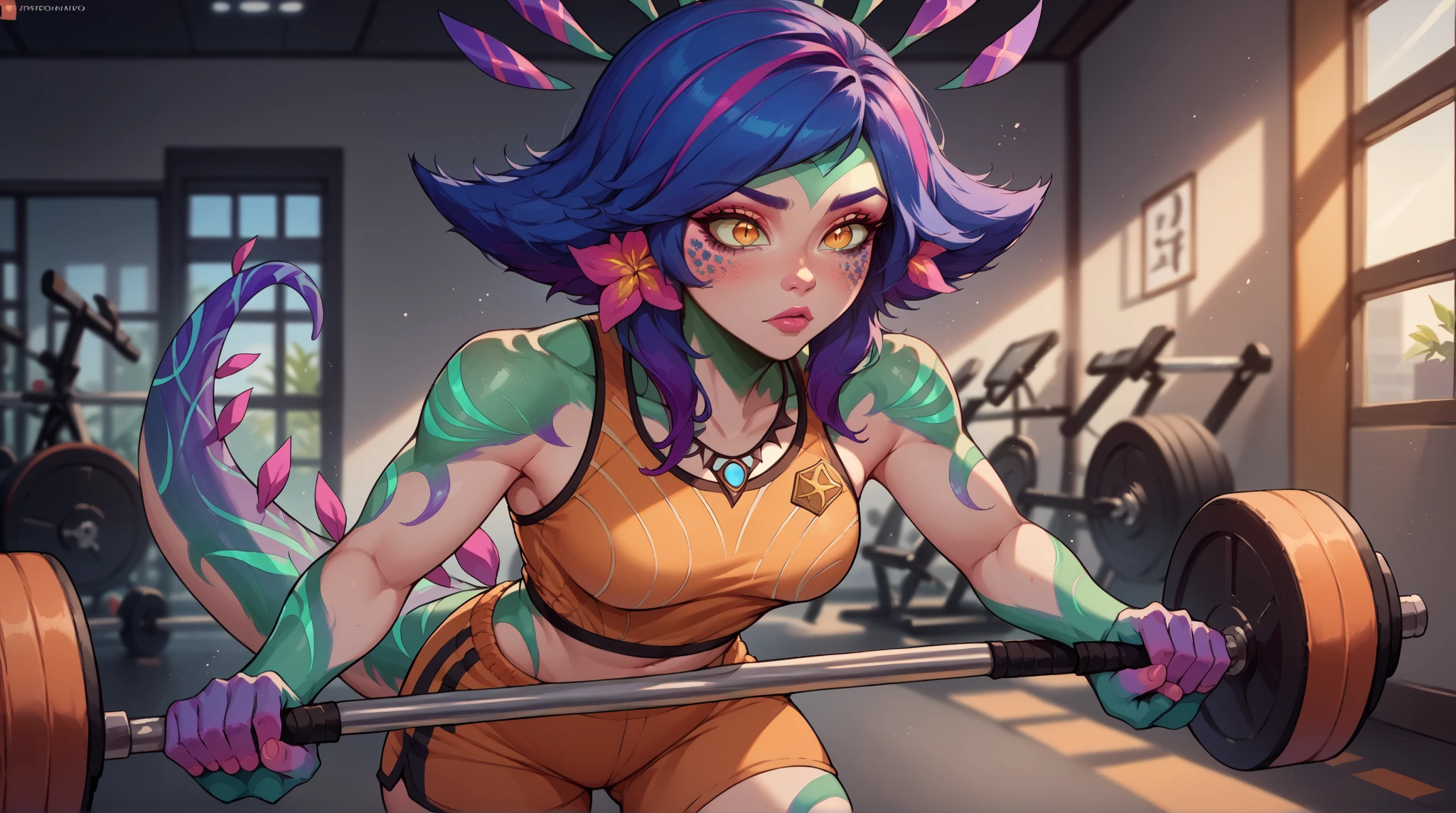 Aelita Royer, Purple hair, Ponytail, Purple eyes, buff, Muscle shirt, cheerful, Pink shirt, leaf in hair