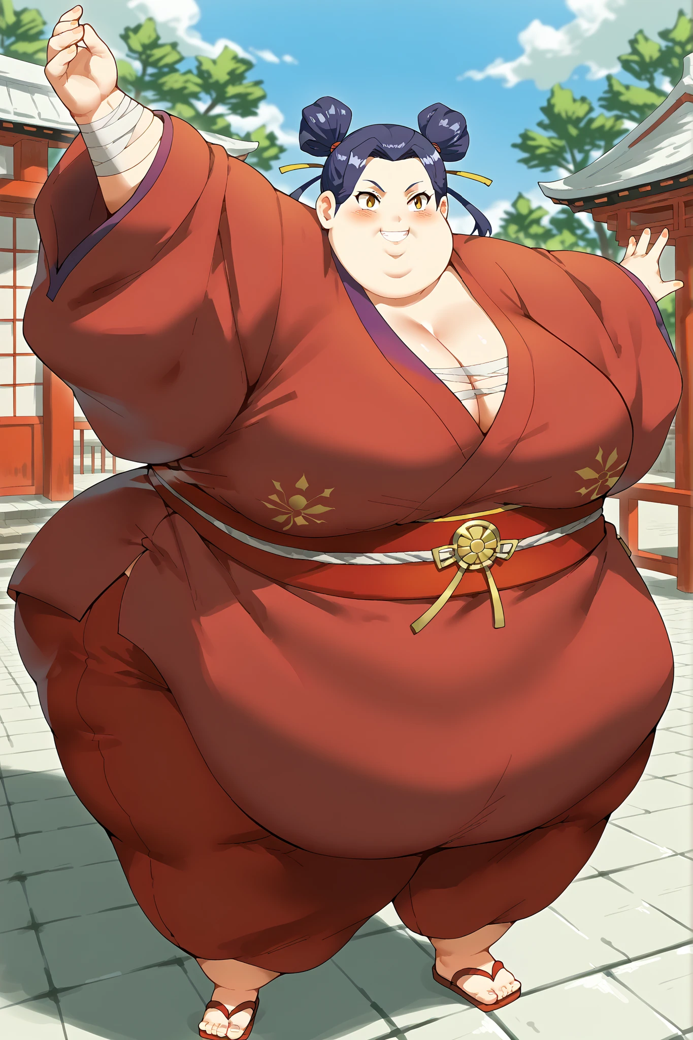fantasy-style, (zPDXL2), (((cowboy shot))), (((dynamic pose))), (((dynamic angle))), sehele style, webtoon, anime, centered, 1girl, 1woman, smile, cleavage, sarashi, vermilion eyes, twin tails, bandages, shrine maiden's outfit, blushing, outdoors, Japan town background, full body