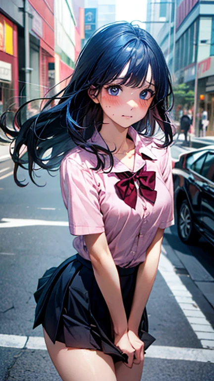 (masterpiece:1.2, top-quality), (realistic, photorealistic:1.4), beautiful illustration, (natural side lighting, movie lighting), , 
(looking at viewer), 1 girl, japanese, high school girl, perfect face, cute and symmetrical face, shiny skin, , 
(long hair, straight hair, blue hair), swept bangs, light blue eyes, drooping eyes, long eye lasher, (large breasts:0.6), five fingers, 
beautiful hair, beautiful face, beautiful detailed eyes, beautiful clavicle, beautiful body, beautiful chest, beautiful thighs, beautiful legs, 
((symmetrical clothing, pink collared shirts, black pleated skirt)), red bow tie, navy socks, 
(beautiful scenery), day time, shopping mall, (facing the front), (impatient expression, blushing cheeks, embarassed expression), (((the skirt is rolled up by the wind))), 