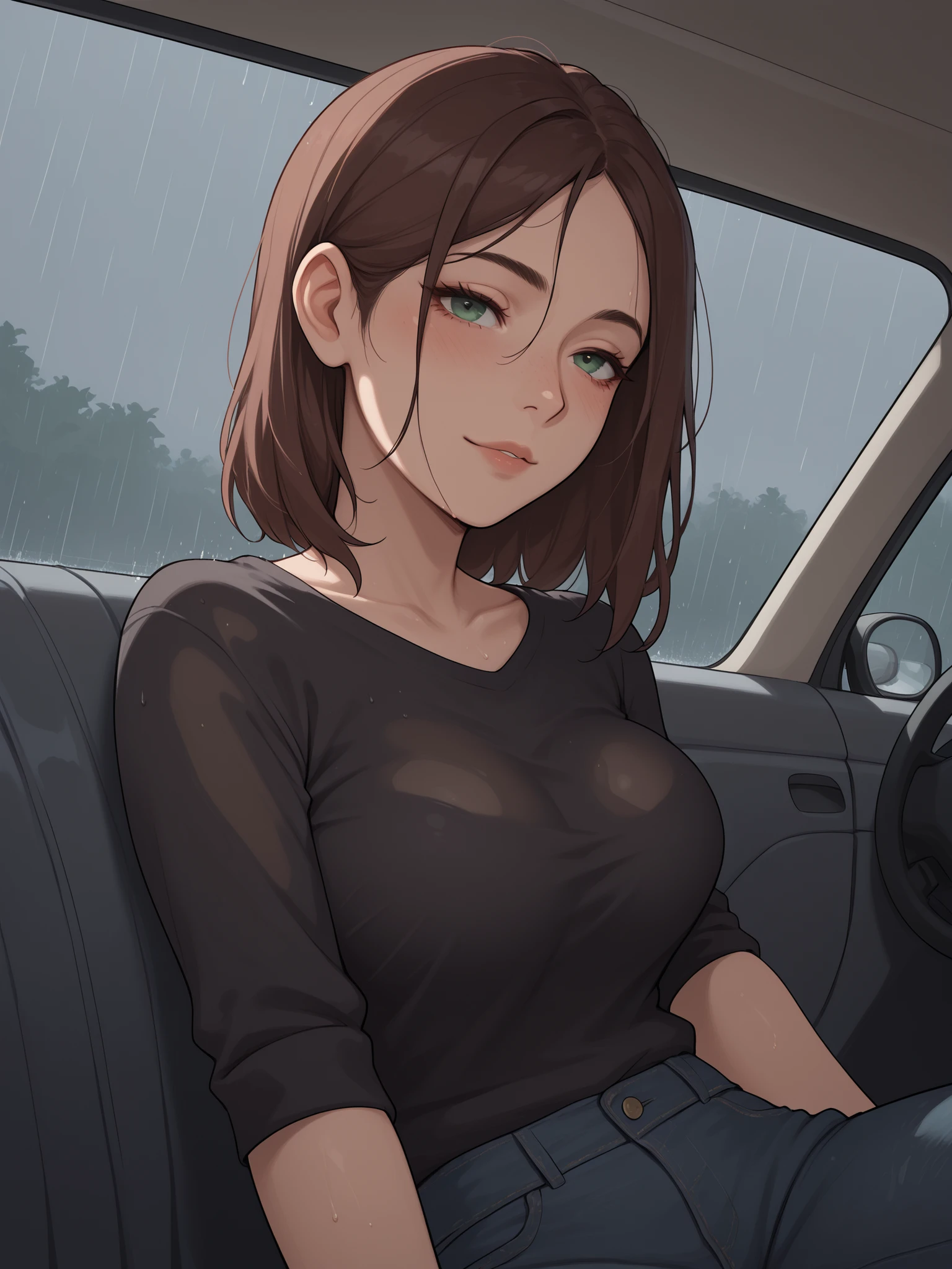 sexy woman sitting inside a car, tinted windows, black shirt, black jeans, so sexy, raining outside, foggy windows, looking at us, seductive smile, upper body shot, lips parted, closer, breast press