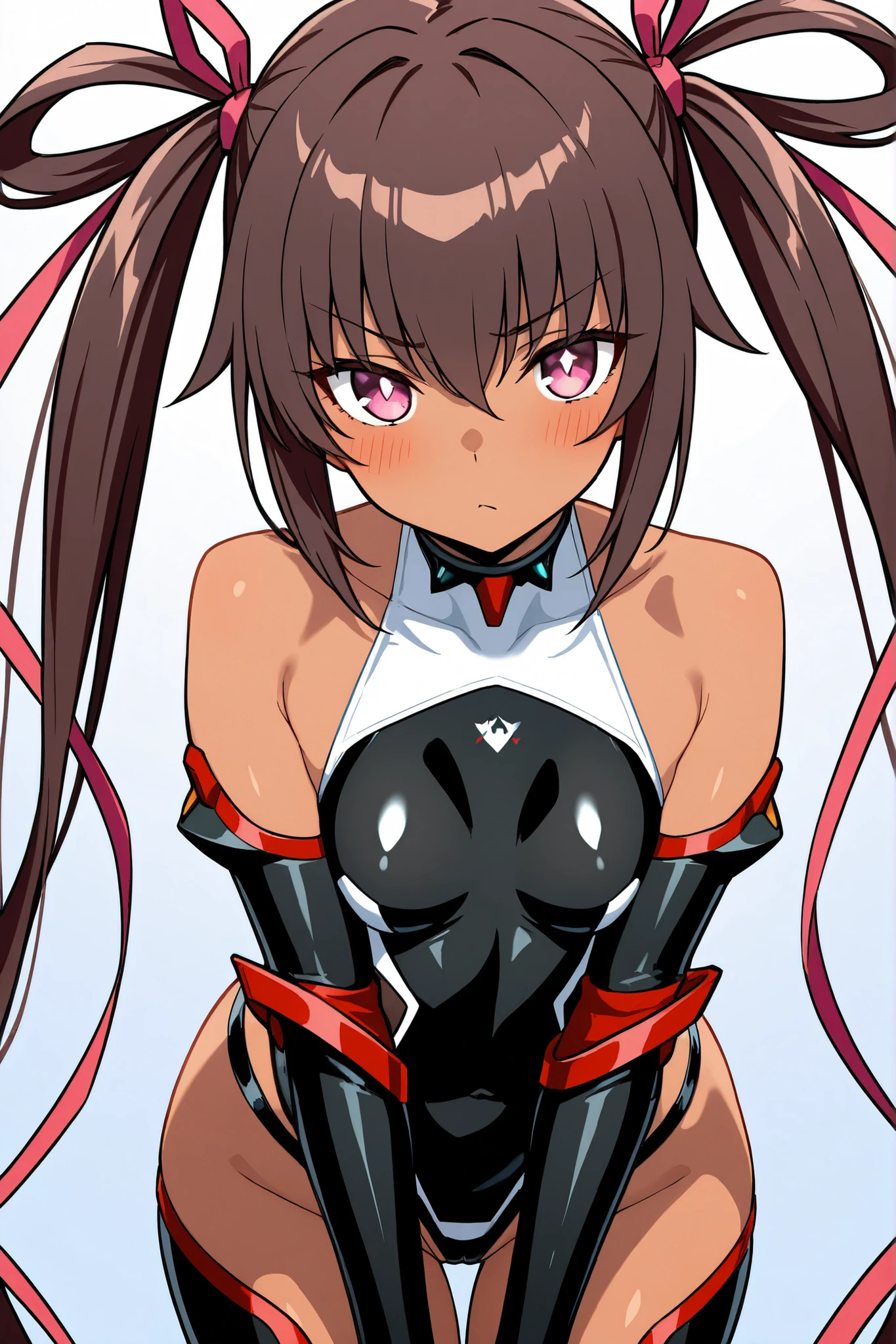 8k,best quality,masterpiece, highest quality, High resolution ,Mizuki Yukikaze, 1 person,Hair Ribbon, (Black leotard),( (Taimanin suit)), skinny,flat tits,One Piece Tan, Elbow Bag, Fingerless gloves, Thigh-high boots,pov,Are standing,full body,