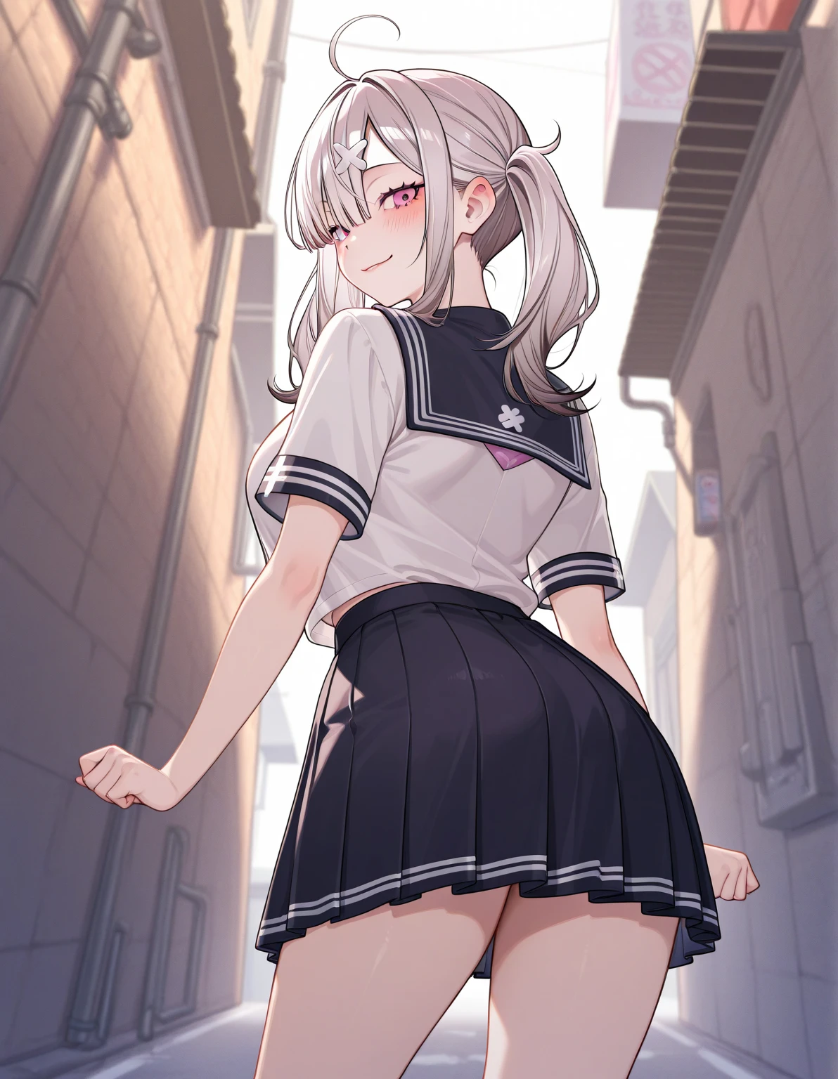 One Girl, Glowing Skin, 最high quality, (Game CG:1.4), Browsing Caution, Beautiful face and eyes in every detail、Tiny Lingerie, strict, ample breasts、((最high quality)), (Very detailed), (Very detailed CG 統合 8k 壁紙), Very detailed, High resolutionのRAWカラー写真, Professional photography,From below, ((Embarrassed face)))、(((Anguished expression)))、Glare, anger、 Full Shot、 最high quality, masterpiece:1.5), (Realistic, 私ntricate details:1.2), 超High resolution, (high quality, High resolution, Finer details), alone, Curvy Women, blush, Sweat, Oily skin, Shallow depth of field,(masterpiece、最high quality、High resolution、unity 8k wallpaper、Very detailedCG:1)、(Consciousness upward:1.0)、One Girl、最high quality、8Kmasterpiece、((software)), (18-year-old female, Beautiful detailed woman, ,(Micro Mini Skirt), ((With a shy look:1.5)), Hard nipples, Narrow waist, , Ultra mini skirt, ((Black Pantyhose)),Looking down,blue eyes, hair ornaments, Hair Ribbon,Show your forehead、Twin tails、Random colored see-through uniform、Lace choker, short hair,,No bra,,Very detailedな肌, Realistic texture、Very detailedな顔, (Beautiful Fine Eyes, ,The girl has a toned figure., 大量のSweatをかく、Sweatで濡れた髪、Sweatで透ける服、Sweatだく、目立つSweat、Sweatでぬれた髪、Athlete System、Cherry blossoms fluttering down、Silver Hair、Night cityscape。Reflection of light、moonlight、